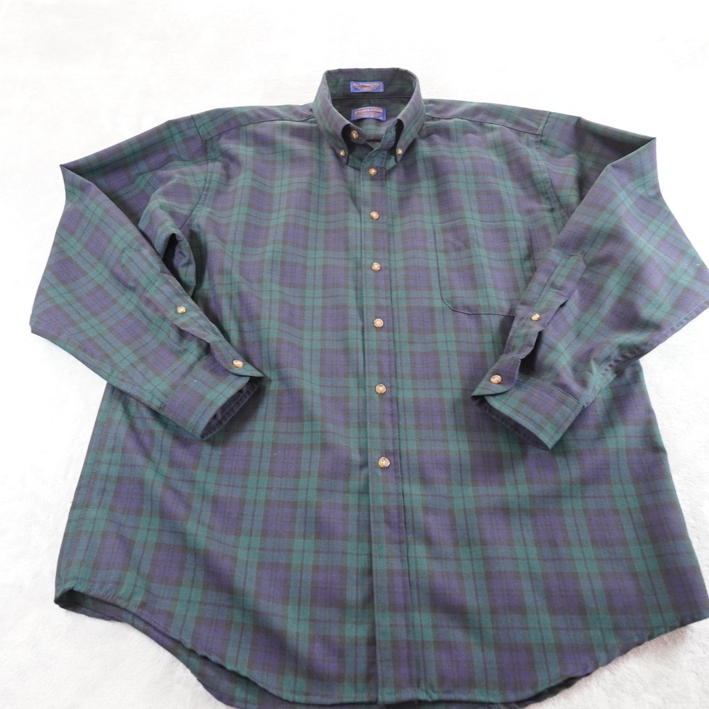 Vintage Pendleton Wool Button Down Shirt Mens L Black Watch Tartan Plaid 80s - Picture 1 of 11